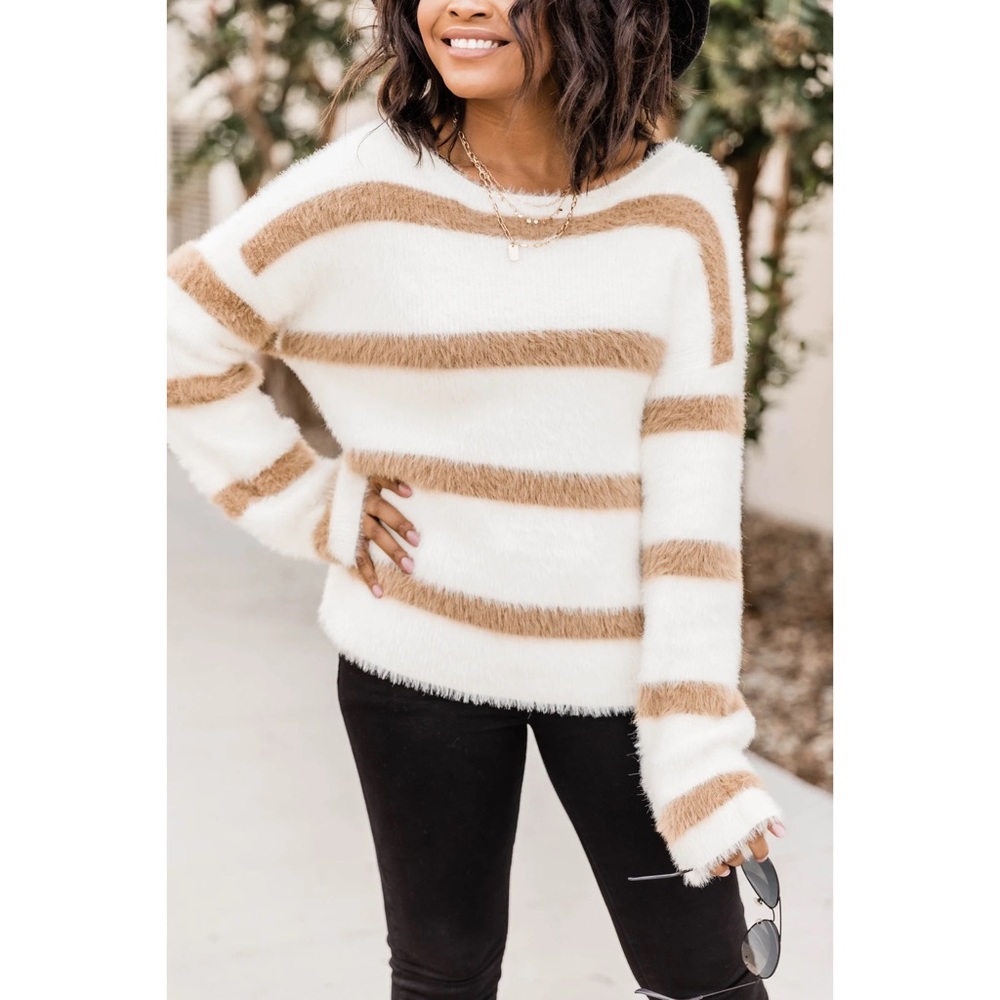 Pink Lily White and Brown Fuzzy Striped Sweater
